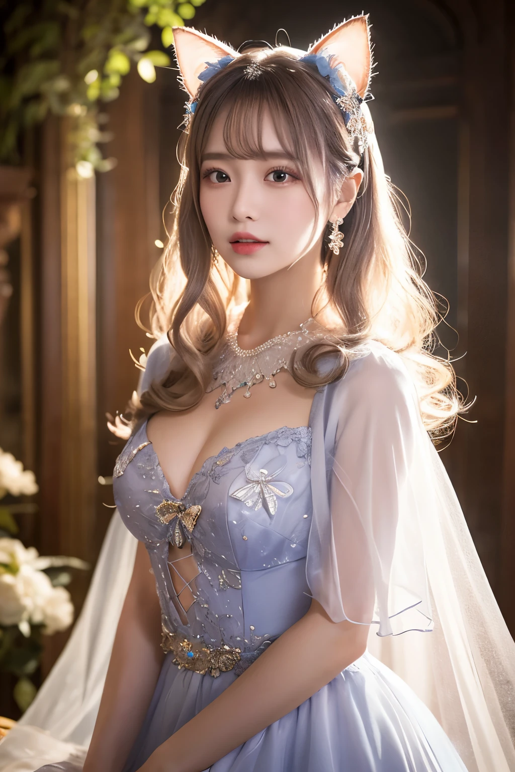 A young woman with long, wavy pastel-colored hair sits gracefully, dressed in an elaborate, fantasy-themed gown. The gown features a mix of soft pastel colors, including pink, blue, and lavender, adorned with sparkling embellishments and a large bow at the bust. She has a pair of large, fluffy cat ears on her head, matching her soft, fluffy tail. Her eyes are large and expressive, with a gentle and inviting expression. The scene is softly lit with a magical, dreamy ambiance, highlighting her smooth skin and the intricate details of her outfit. She wears delicate jewelry, including a butterfly hair clip, adding to the whimsical nature of her appearance. The background is soft and blurred, enhancing the ethereal feel of the image.