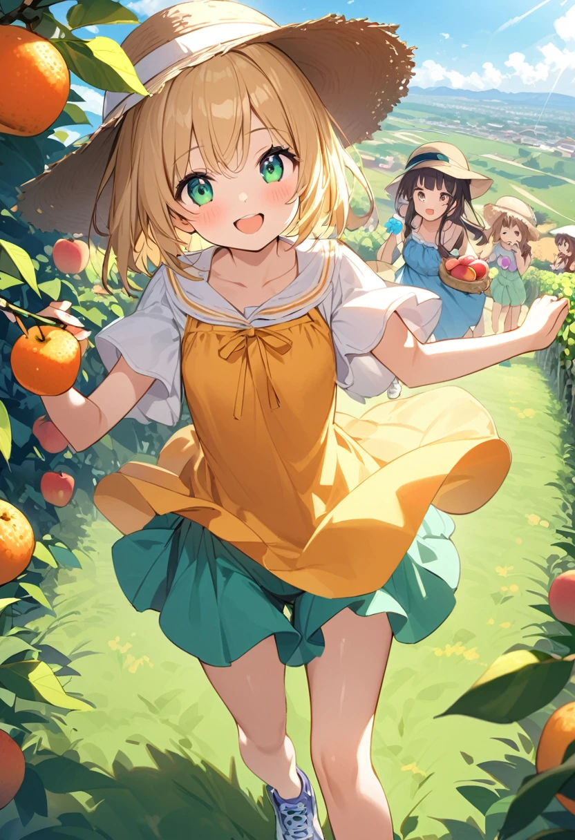 Highest quality、High resolution、Detailed Background、Beautiful face in every detail、age beauty、Highly detailed face、
Light color hair、cute髪型、Fun atmosphere、A big smile、Apple、mandarin orange、peach、Grape、On top of a hill with a blue sky、wood々The sunlight shines through、I found some ripe red fruit.、Holding hands with friends、wood登りして高い枝から、甘い香りのGrapeを摘む、
A fun time filled with smiles、Summer memories: Fruit picking、Under the blue sky、Run around、Apple、mandarin orange、peachを集めた、I had a great time、A memorable summer day、
A flared dress made of lightweight material、Flared skirts and culottes、Flat or sports sandals、sneakers、Caps and hats that are easy to crush、The color is red, reminiscent of fruit.、yellow、orange、Green etc.、cute