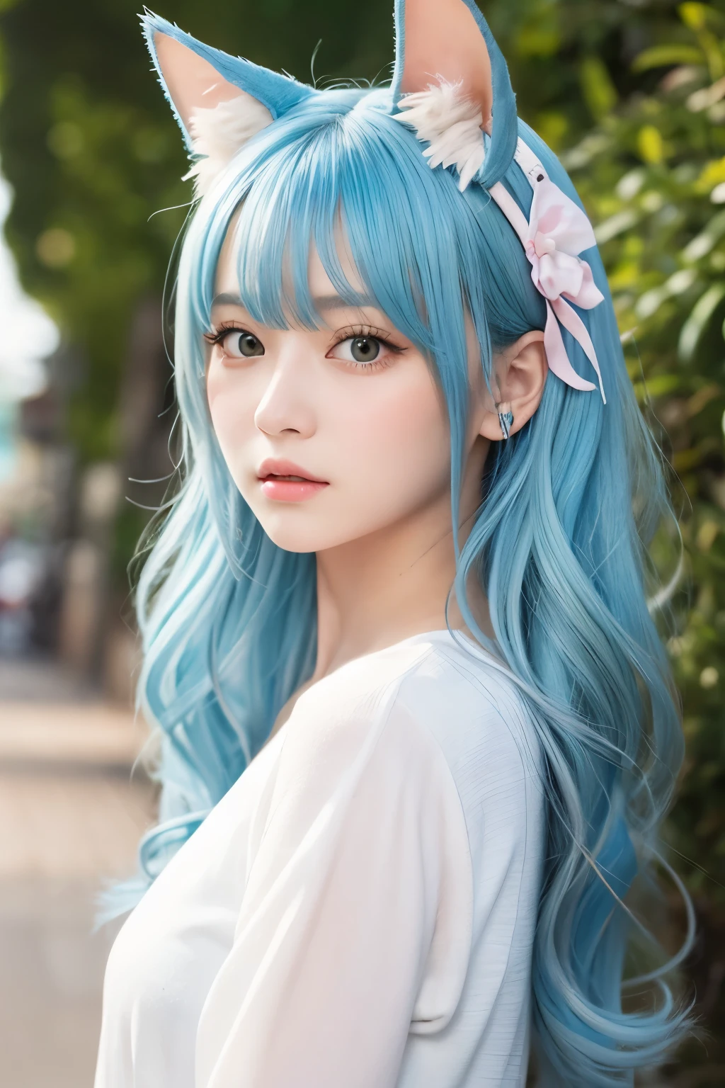 Young female character with long wavy pastel blue hair and cat ears。Her expression is、As you can see from her slightly parted lips and wide eyes.、It's a slight surprise or worry.。she、She is wearing a high-neck, long-sleeved cream-colored blouse with ruffles on the chest and cuffs.。in addition、She wears a black corset decorated with gold buttons。The skirt is a blue dress with a tiered style.、White lace and ruffle accents、Gives a layered look。The white background makes her stand out.。The lighting is soft and uniform、It highlights the pastel tones of her hair and the exquisite details of her clothing.。The pose is slightly turned to the right.、One hand on his chest、It conveys a delicate sense of wonder and innocence.。Random sexy poses、Large Breasts、
