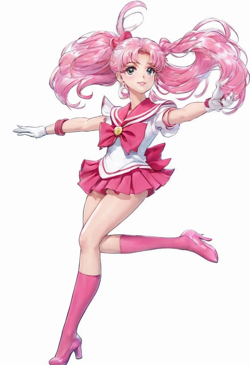 sailor girl in a pink dress and white top with a pink hair, sailor moon!!!!!!!!, the sailor moon. beautiful, pink iconic character, by Sailor Moon, sailor moon style, magical girl anime mahou shojo, inspired by Sailor Moon, pose(arms up + happy), style of magical girl, humanoid pink female squid girl, anime pose, shining pink armor