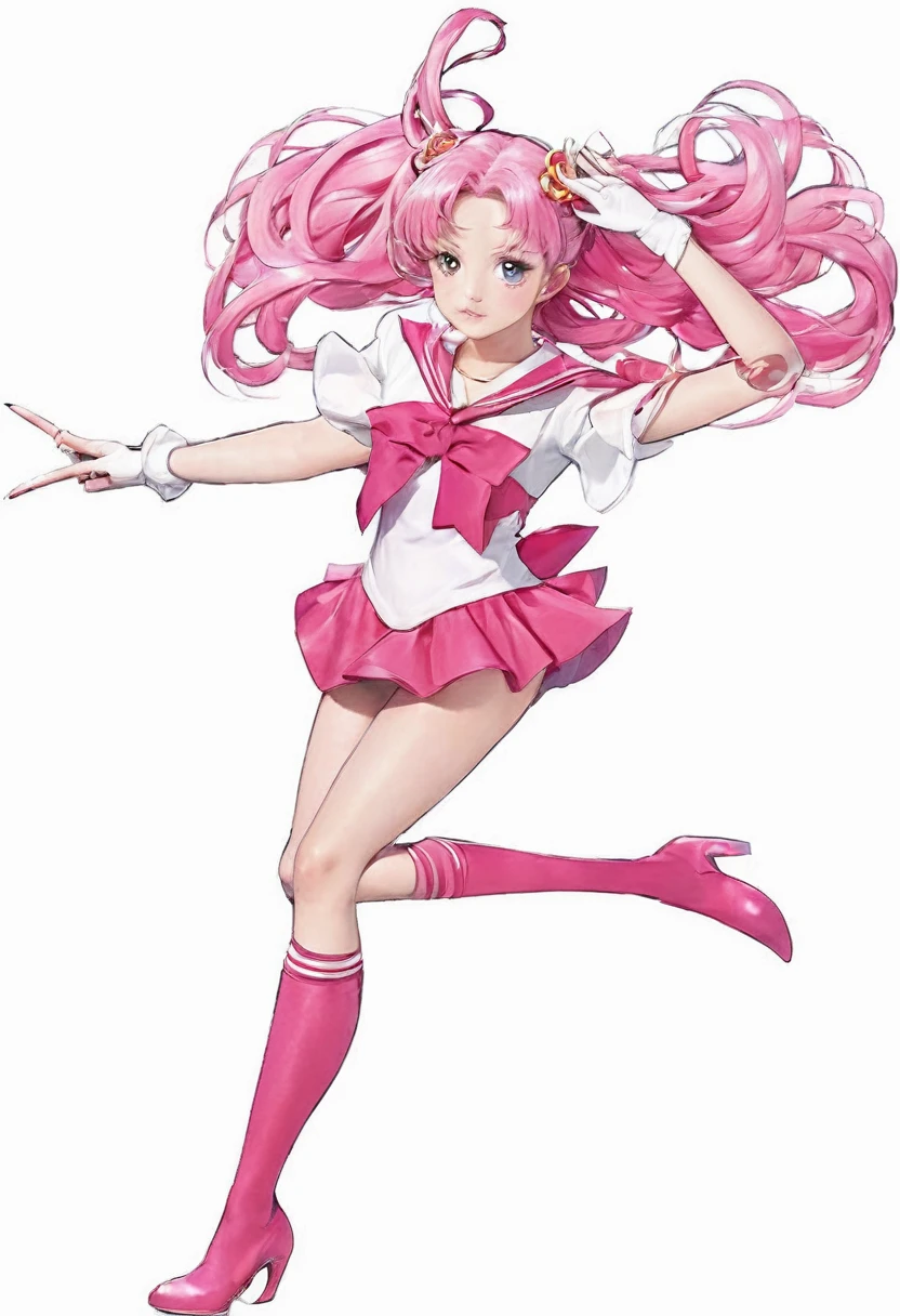 sailor girl in a pink dress and white top with a pink hair, sailor moon!!!!!!!!, the sailor moon. beautiful, pink iconic character, by Sailor Moon, sailor moon style, magical girl anime mahou shojo, inspired by Sailor Moon, pose(arms up + happy), style of magical girl, humanoid pink female squid girl, anime pose, shining pink armor