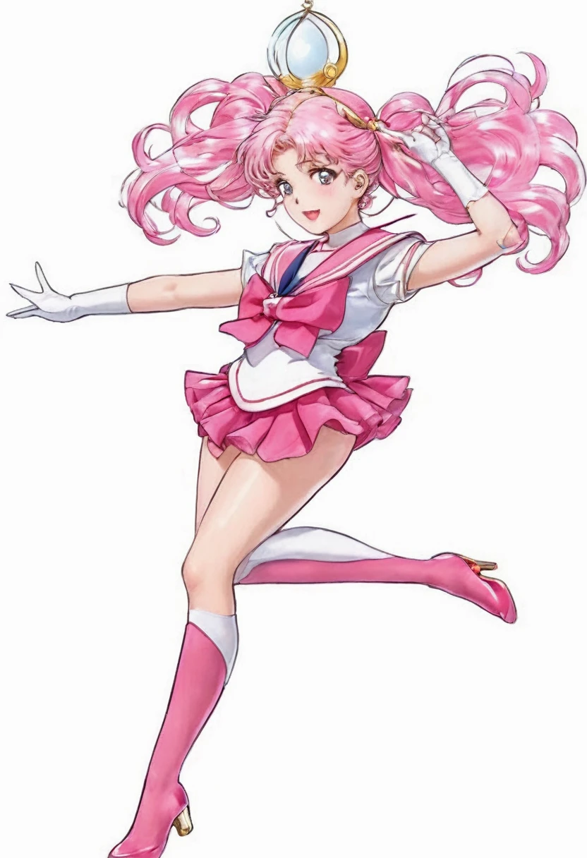 sailor girl in a pink dress and white top with a pink hair, sailor moon!!!!!!!!, the sailor moon. beautiful, pink iconic character, by Sailor Moon, sailor moon style, magical girl anime mahou shojo, inspired by Sailor Moon, pose(arms up + happy), style of magical girl, humanoid pink female squid girl, anime pose, shining pink armor