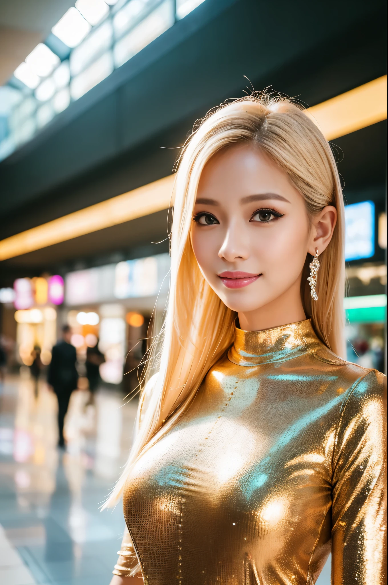 (best quality, 4k ,8k, highres, masterpiece:1.2), ultra-detailed, (realistic, photorealistic, photo-realistic:1.37), closeup, sexy seductive Thai woman, (seductive smile), long lashes, beautiful makeup, platinum blonde hair, fair skin, slender figure, elegant posture, wearing large sparkling colorful jewelery, wearing a business style leather dress, standing in a large shopping mall, gentle sunlight shining through the shopping mall windows, casting a soft glow on her face, adding warmth to the scene, vibrant colors, capturing the essence of vibrant city life, portrait style, showcasing her natural beauty and grace in a feminine way