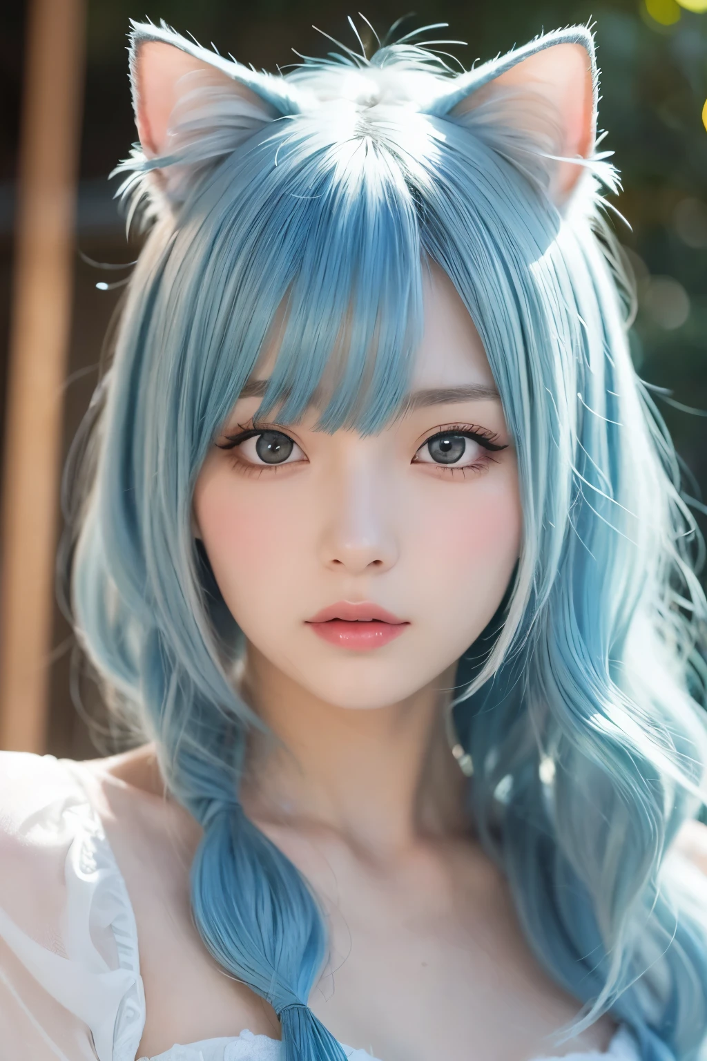 Young female character with long wavy pastel blue hair and cat ears。Her expression is、As you can see from her slightly parted lips and wide eyes.、It's a slight surprise or worry.。she、She is wearing a high-neck, long-sleeved cream-colored blouse with ruffles on the chest and cuffs.。in addition、She wears a black corset decorated with gold buttons。The skirt is a blue dress with a tiered style.、White lace and ruffle accents、Gives a layered look。The white background makes her stand out.。The lighting is soft and uniform、It highlights the pastel tones of her hair and the exquisite details of her clothing.。The pose is slightly turned to the right.、One hand on his chest、It conveys a delicate sense of wonder and innocence.。Random sexy poses、Large Breasts、