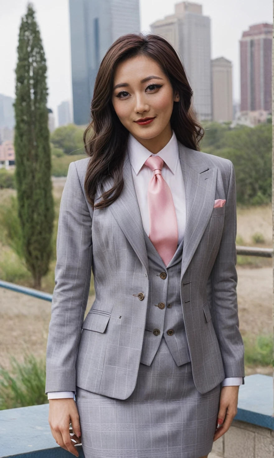 a beautiful picture of fukuharaXL ,woman,detailed skin texture,masterpiece, photorealistic, light, RAW color photo,(fully in frame:1.1), (blush:0.5), (goosebumps:0.5),(((light grey plaid silk skirt suit))), (((three-piece suit))), (((pink dress shirt with white collar))), (((pink necktie))), (((blazer))), (((suit jacket))), ((waistcoat)), double-breasted waistcoat, (((bodycon miniskirt))), pocket square, cufflinks, tie clip,detailed face,outdoors, (smile:0.5), film grain,cinematic lightning,fujifilm ,detailed eyes,camera, smile, office background, hair down, makeup, lipstick, mascara, eyeliner, eyeshadow, silky glossy hair, high heels, pinup pose