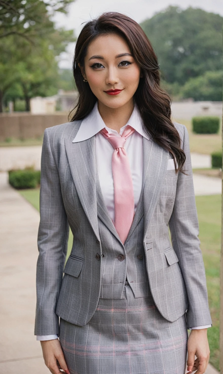 a beautiful picture of fukuharaXL ,woman,detailed skin texture,masterpiece, photorealistic, light, RAW color photo,(fully in frame:1.1), (blush:0.5), (goosebumps:0.5),(((light grey plaid silk skirt suit))), (((three-piece suit))), (((pink dress shirt with white collar))), (((pink necktie))), (((blazer))), (((suit jacket))), ((waistcoat)), double-breasted waistcoat, (((bodycon miniskirt))), pocket square, cufflinks, tie clip,detailed face,outdoors, (smile:0.5), film grain,cinematic lightning,fujifilm ,detailed eyes,camera, smile, office background, hair down, makeup, lipstick, mascara, eyeliner, eyeshadow, silky glossy hair, high heels, pinup pose
