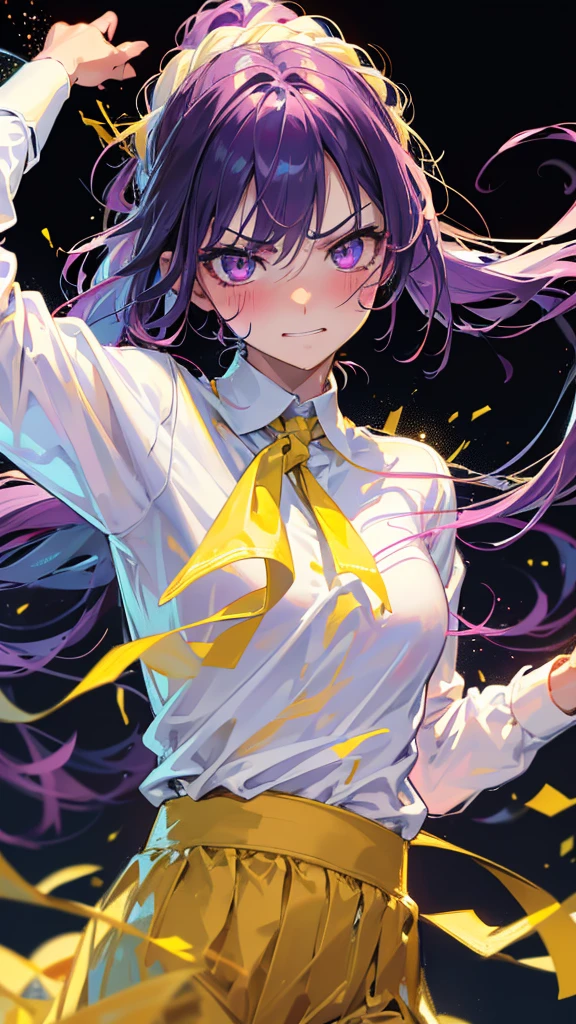 Best quality, Ultra detailed, best quality, insanely detailed, beautiful, masterpiece, 8k, 
break  
Colorful background, refraction Glowing white lines ,Crossing Light,light particles
break 
1lady, purple hair, long hair, yellow ribon on head, purple eyes, ultra detailed eyes, (white shirts:1.5), mooring,( yellow pants:1.1) ,abs, navel, (Shirt with hem tied in front)
Break
(Waltz:1.5), upper body, (great joy;1.5), evil grin, (sharp eye:1.2),(scowl:1.1), (stare at viewer:1.5),  (embarrassed,blush:1.3),(ecstasy:1.3) ,(slut:1.2),(vulgarity:1.3),(wet:0.8),(drooling:0.6),(sweat:0.8),