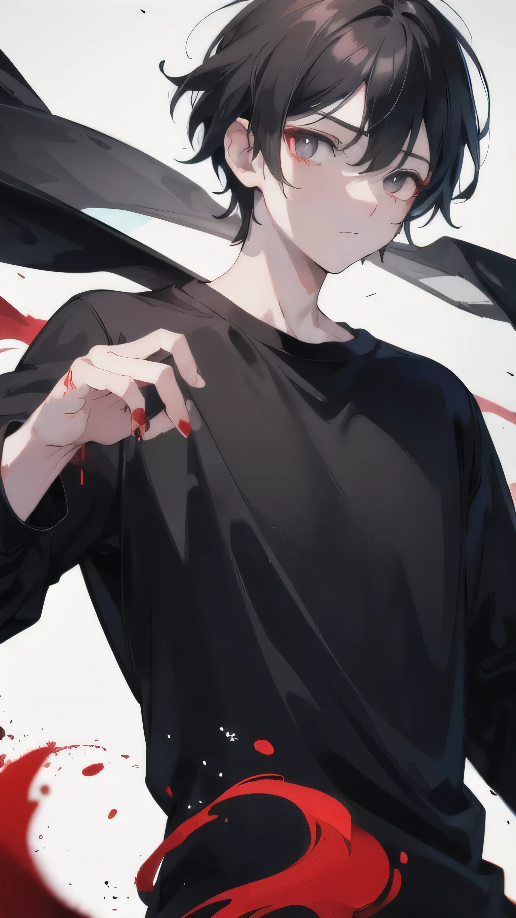 1 male boy,black hair, black pupils,white long sleeve t-shirt,defined body,Dark City,blood stains,