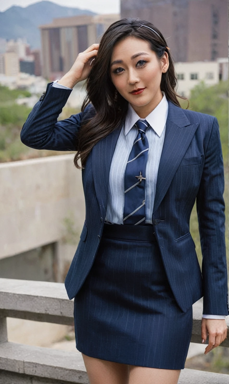 a beautiful picture of fukuharaXL ,woman,detailed skin texture,masterpiece, photorealistic, light, RAW color photo,(fully in frame:1.1), (blush:0.5), (goosebumps:0.5),(((navy pinstripe silk skirt suit))), (((three-piece suit))), (((light blue dress shirt with white collar))), (((necktie))), (((blazer))), (((suit jacket))), ((waistcoat)), double-breasted waistcoat, (((bodycon miniskirt))), pocket square, cufflinks, tie clip,detailed face,outdoors, (smile:0.5), film grain,cinematic lightning,fujifilm ,detailed eyes,camera, smile, office background, hair down, makeup, lipstick, mascara, eyeliner, eyeshadow, silky glossy hair, high heels, pinup pose