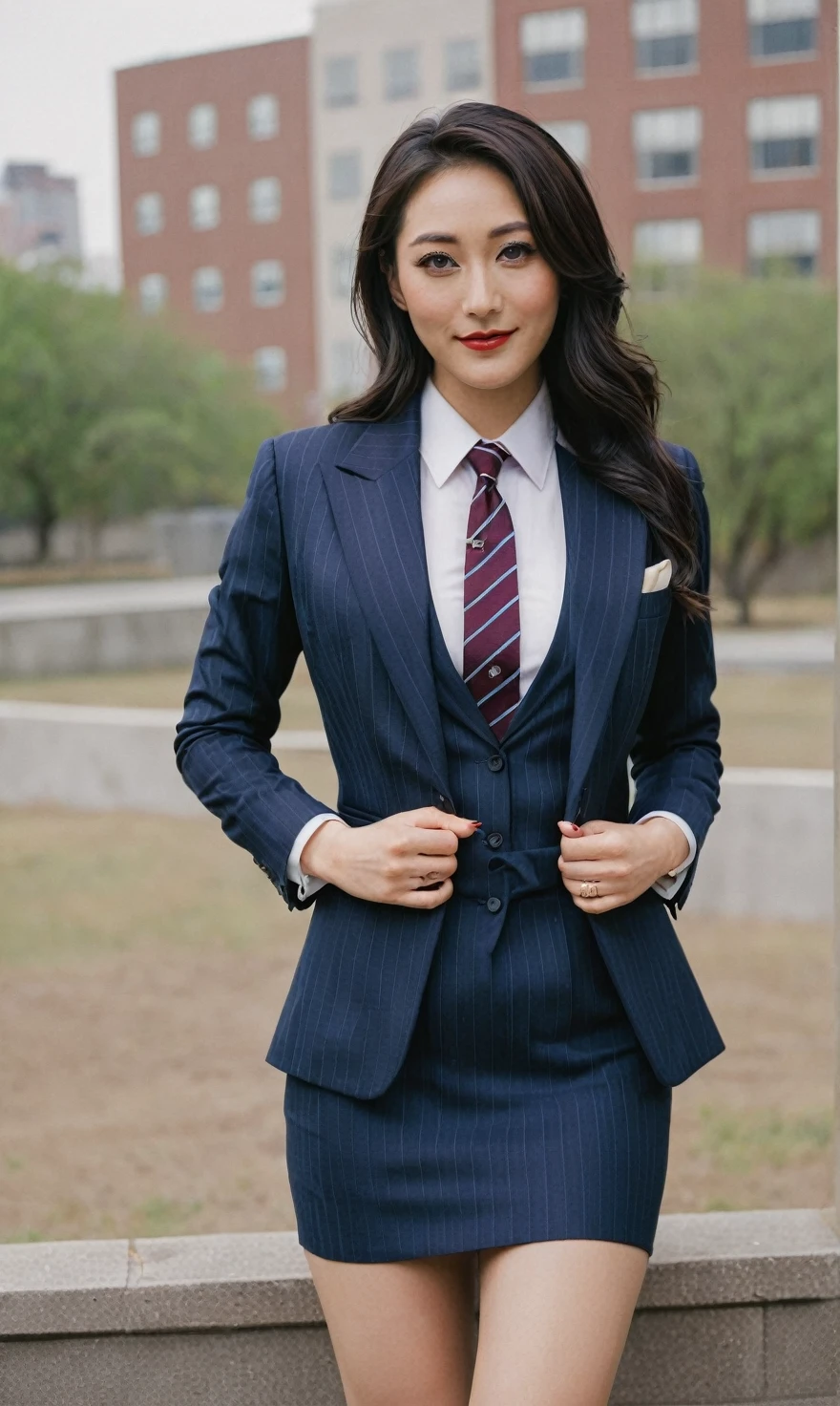 a beautiful picture of fukuharaXL ,woman,detailed skin texture,masterpiece, photorealistic, light, RAW color photo,(fully in frame:1.1), (blush:0.5), (goosebumps:0.5),(((navy pinstripe silk skirt suit))), (((three-piece suit))), (((blue dress shirt with white collar))), (((necktie))), (((blazer))), (((suit jacket))), ((waistcoat)), double-breasted waistcoat, (((bodycon miniskirt))), pocket square, cufflinks, tie clip,detailed face,outdoors, (smile:0.5), film grain,cinematic lightning,fujifilm ,detailed eyes,camera, smile, office background, hair down, makeup, lipstick, mascara, eyeliner, eyeshadow, silky glossy hair, high heels, pinup pose
