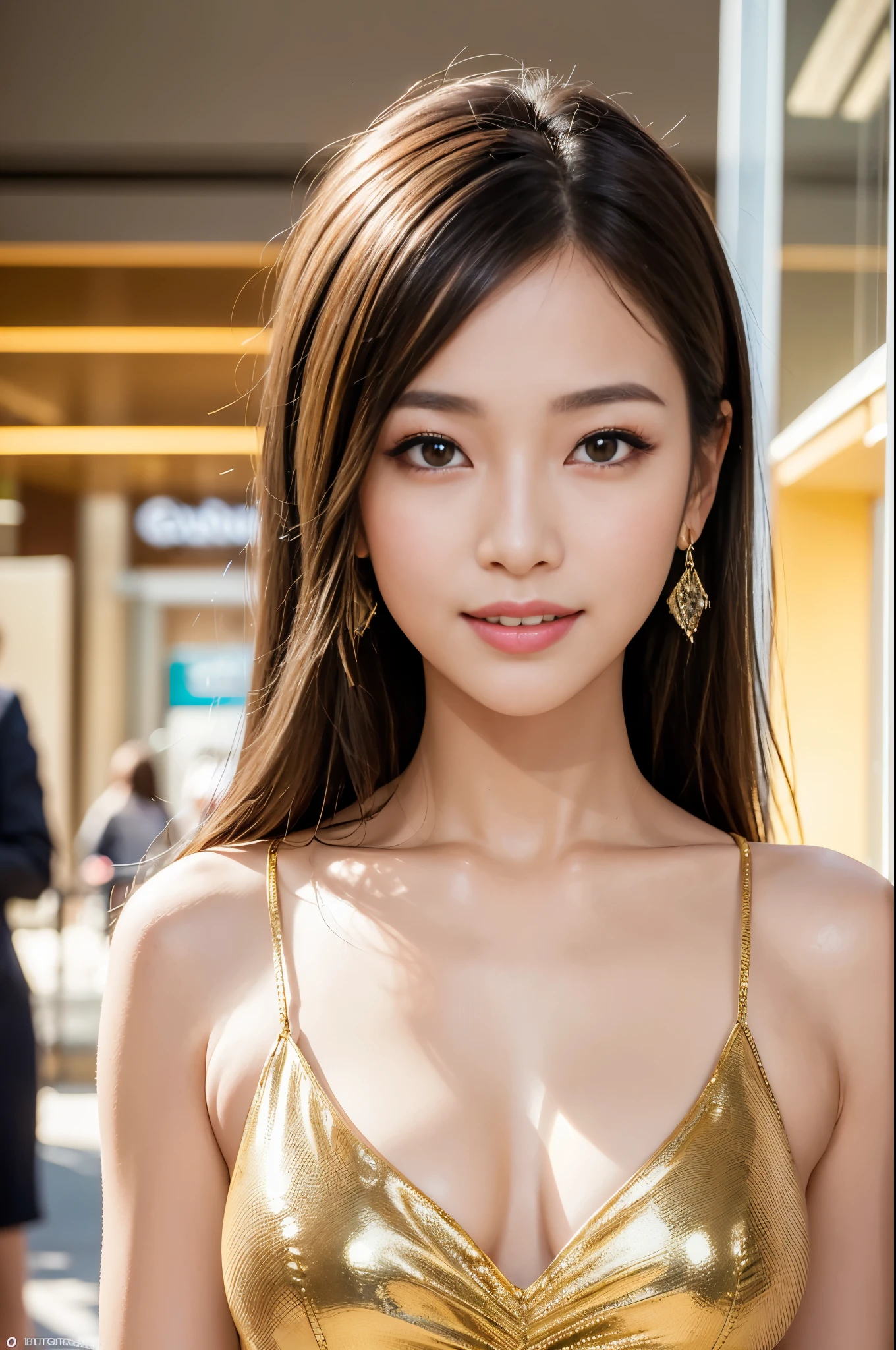 (masterpiece:1.4), (best quality:1.4), ultra high res, ultra high resolution, ((detailed facial features)), HDR, (realistic, photorealistic, photo-realistic:1.37), closeup, beautiful Thai woman, (happy smile), (small breasts), (slim girl), beautiful makeup, platinum blonde hair, fair skin, elegant posture, wearing large sparkling colorful jewelry, wearing a business style leather dress, standing in a large shopping mall, gentle sunlight shining through the shopping mall windows, casting a soft glow on her face, adding warmth to the scene, vibrant colors, capturing the essence of vibrant city life, portrait style, showcasing her natural beauty and grace in a feminine way