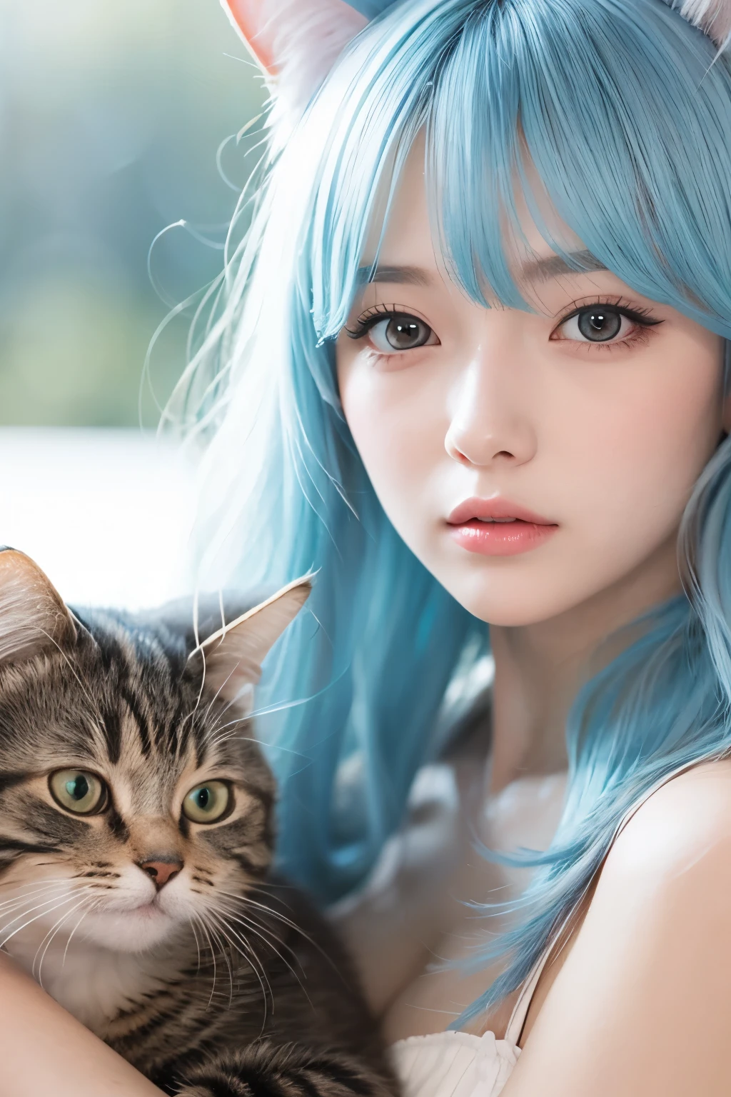 Young female character with long wavy pastel blue hair and cat ears。Her expression is、As you can see from her slightly parted lips and wide eyes.、It's a slight surprise or worry.。she、She is wearing a high-neck, long-sleeved cream-colored blouse with ruffles on the chest and cuffs.。in addition、She wears a black corset decorated with gold buttons。The skirt is a blue dress with a tiered style.、White lace and ruffle accents、Gives a layered look。The white background makes her stand out.。The lighting is soft and uniform、It highlights the pastel tones of her hair and the exquisite details of her clothing.。The pose is slightly turned to the right.、One hand on his chest、It conveys a delicate sense of wonder and innocence.。Random sexy poses、Large Breasts、