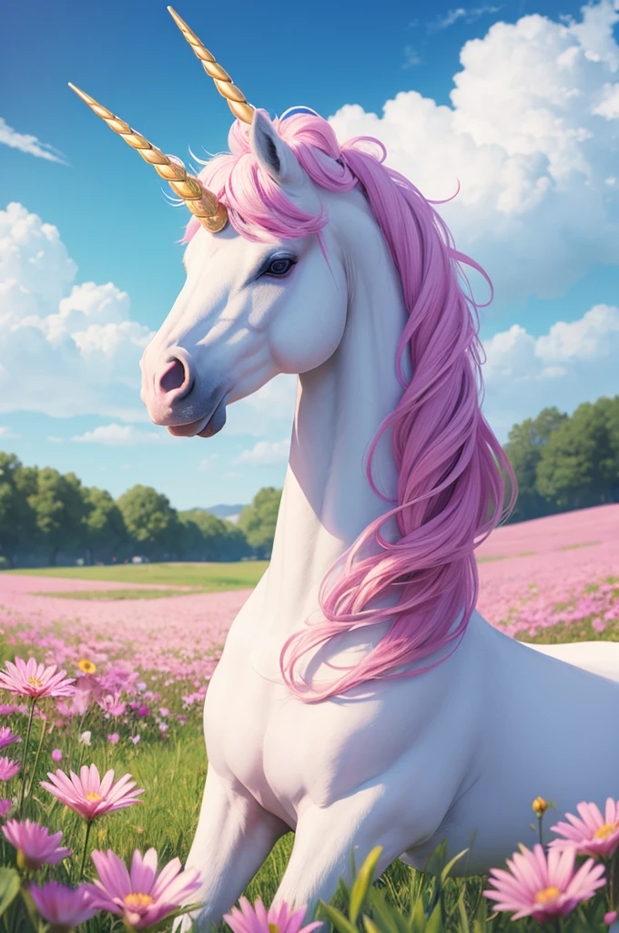 Draw a picture of a unicorn in a field of flowers, coloring style.