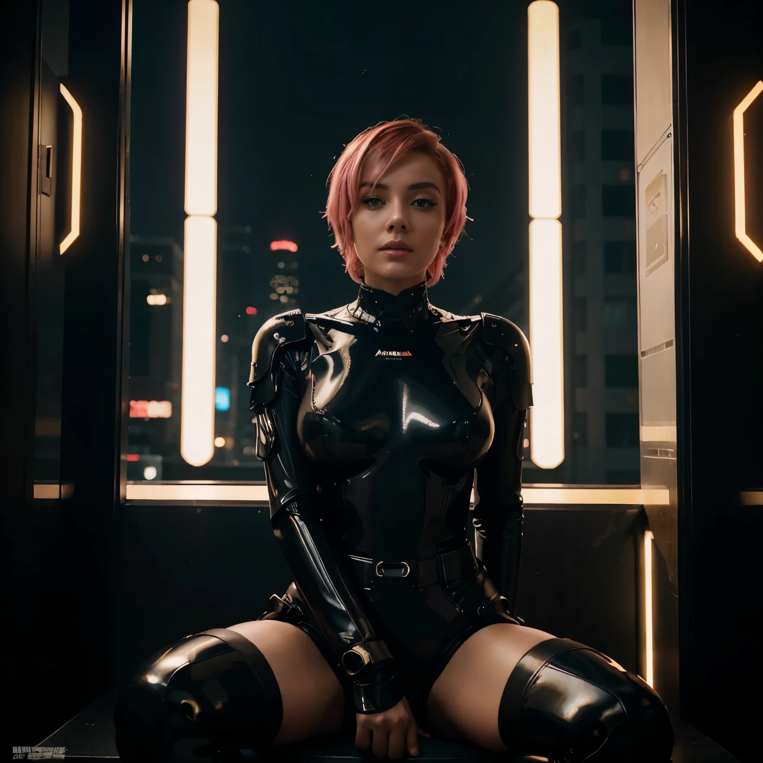 Very beautiful cybernetic girl, with short pink hair, slim, Futurism, cyberpunk, steampunk, dressed in a black and gold latex shiny futuristic suit with elements of space and ancient Indian epic,  sits on a futuristic bench against the backdrop of a night futuristic city , The girl looks like Marilyn Monroe, night time, neon lights, cinematic quality, Masterpiece, high quality photo Cinematic Frame, Hasselblad X2D, ultra-detailed, photorealistic, cinematic quality