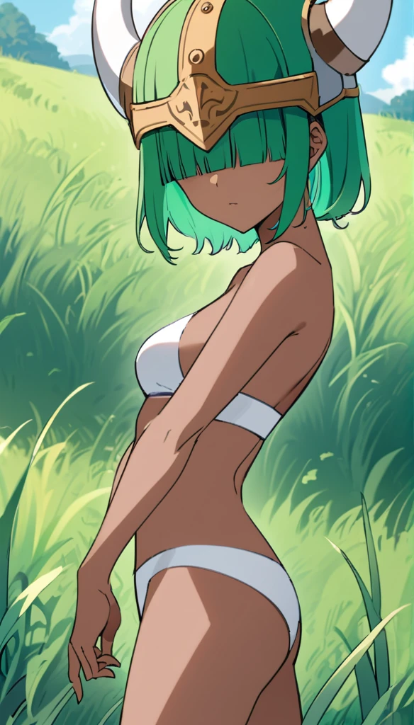 lily_entomach, solo, 1girl, viking_helmet, bikini, dark skinned female, green hair, helmet over eyes, cowboy shot, outdoors, grass, naked, 18 year old girl, medium breasts,