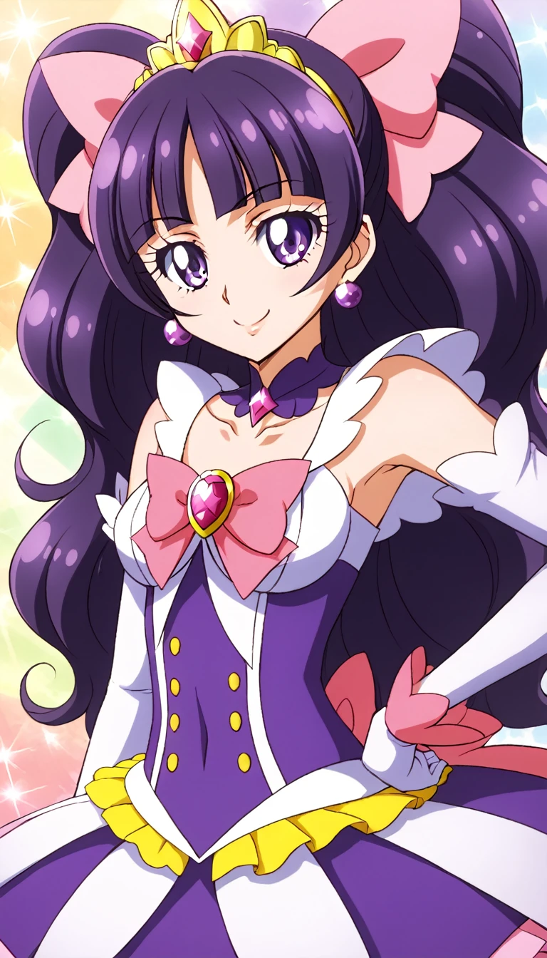 official style, cure twinkle, amanogawa kirara, go! princess precure, very aesthetic, best quality, intricate, overall detail, 1 girl, purple eyes, magical girl, battle costume, standing, light smile, simple background, facing the front, straight-on, cowboy shot, face focus, intricate, hyper-detailed, 100-layer, amazing quality, excellent, {{{{ultra-high resolution}}}}, {{{hi-vision anime}}},