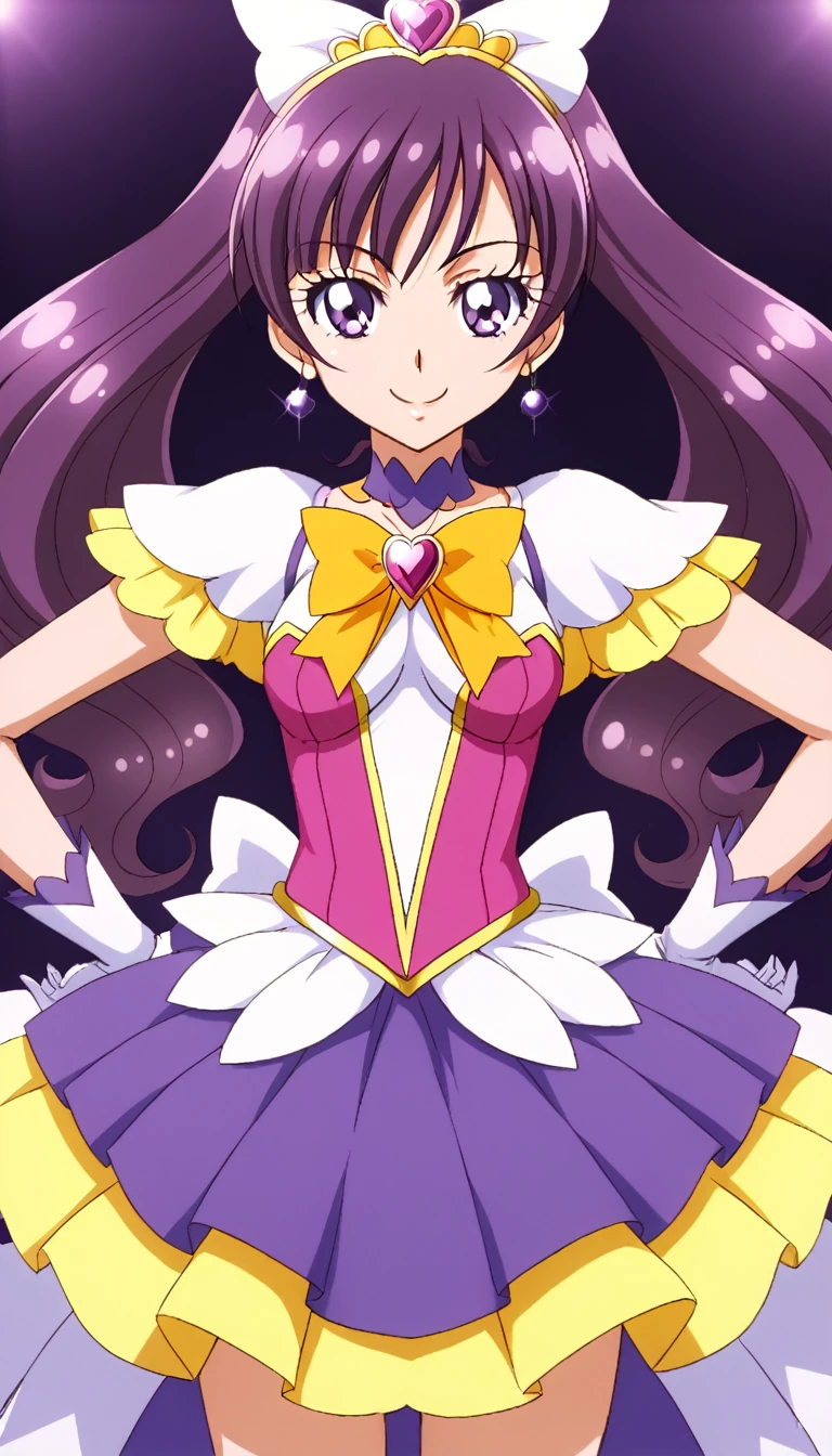 official style, cure twinkle, amanogawa kirara, go! princess precure, very aesthetic, best quality, intricate, overall detail, 1 girl, purple eyes, magical girl, battle costume, standing, light smile, simple background, facing the front, straight-on, cowboy shot, face focus, intricate, hyper-detailed, 100-layer, amazing quality, excellent, {{{{ultra-high resolution}}}}, {{{hi-vision anime}}},