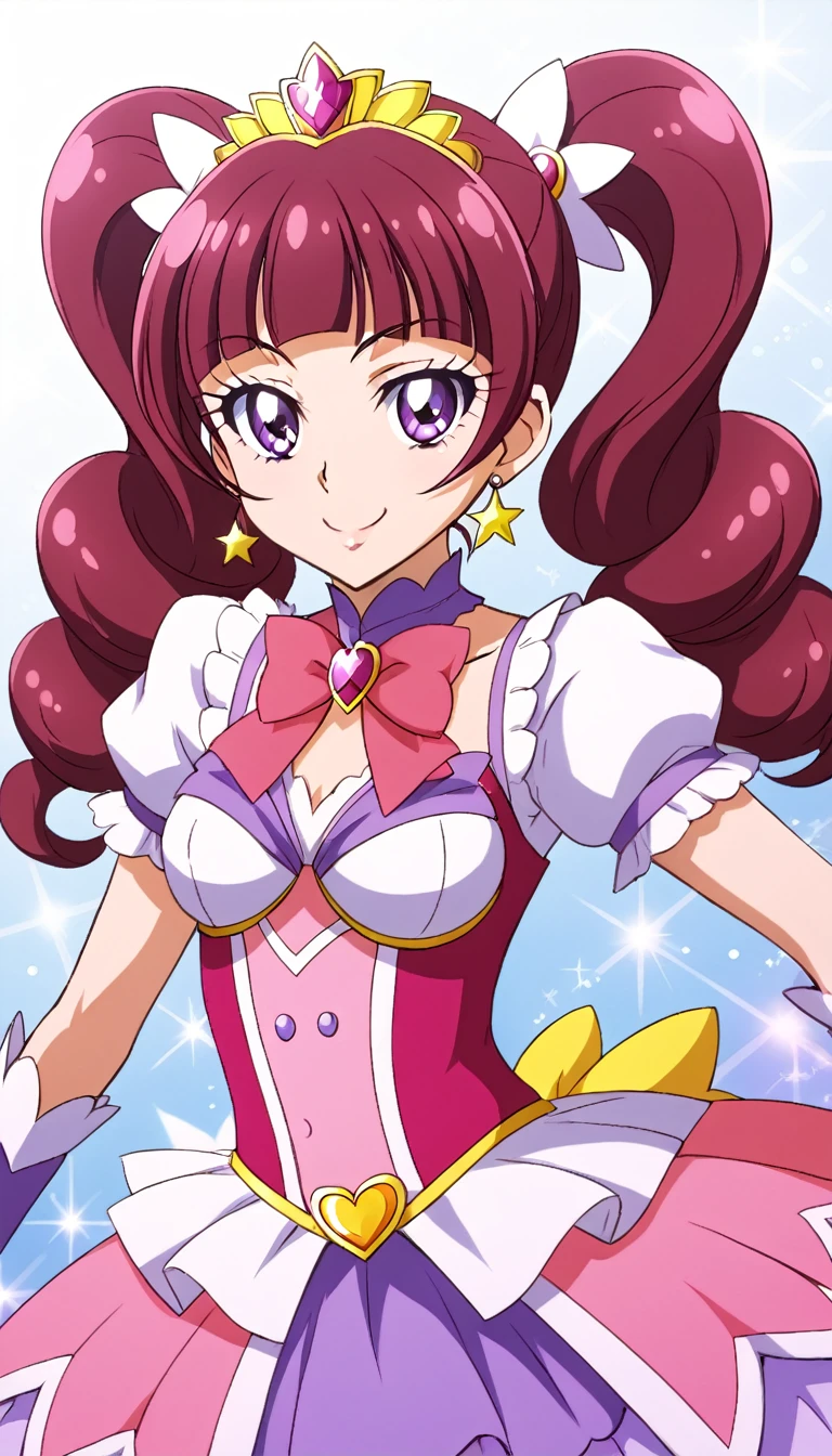 official style, cure twinkle, amanogawa kirara, go! princess precure, very aesthetic, best quality, intricate, overall detail, 1 girl, purple eyes, magical girl, battle costume, standing, light smile, simple background, facing the front, straight-on, cowboy shot, face focus, intricate, hyper-detailed, 100-layer, amazing quality, excellent, {{{{ultra-high resolution}}}}, {{{hi-vision anime}}},