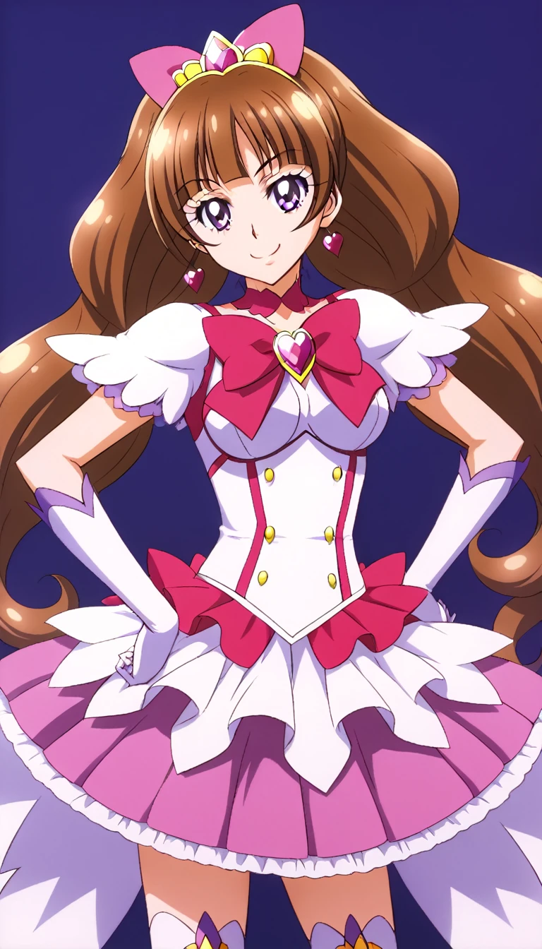 official style, cure twinkle, amanogawa kirara, go! princess precure, very aesthetic, best quality, intricate, overall detail, 1 girl, purple eyes, magical girl, battle costume, standing, light smile, simple background, facing the front, straight-on, cowboy shot, face focus, intricate, hyper-detailed, 100-layer, amazing quality, excellent, {{{{ultra-high resolution}}}}, {{{hi-vision anime}}},