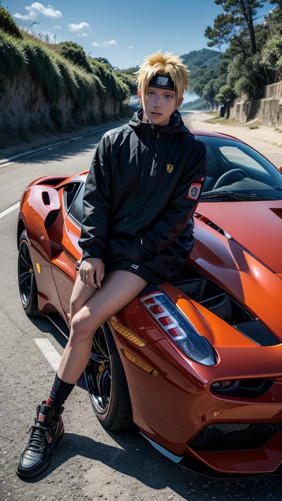 Naruto as a  sitting in a Ferrari 488 track in front of the beach