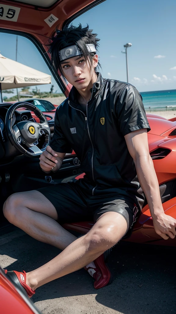 Naruto as a  sitting in a Ferrari 488 track in front of the beach
