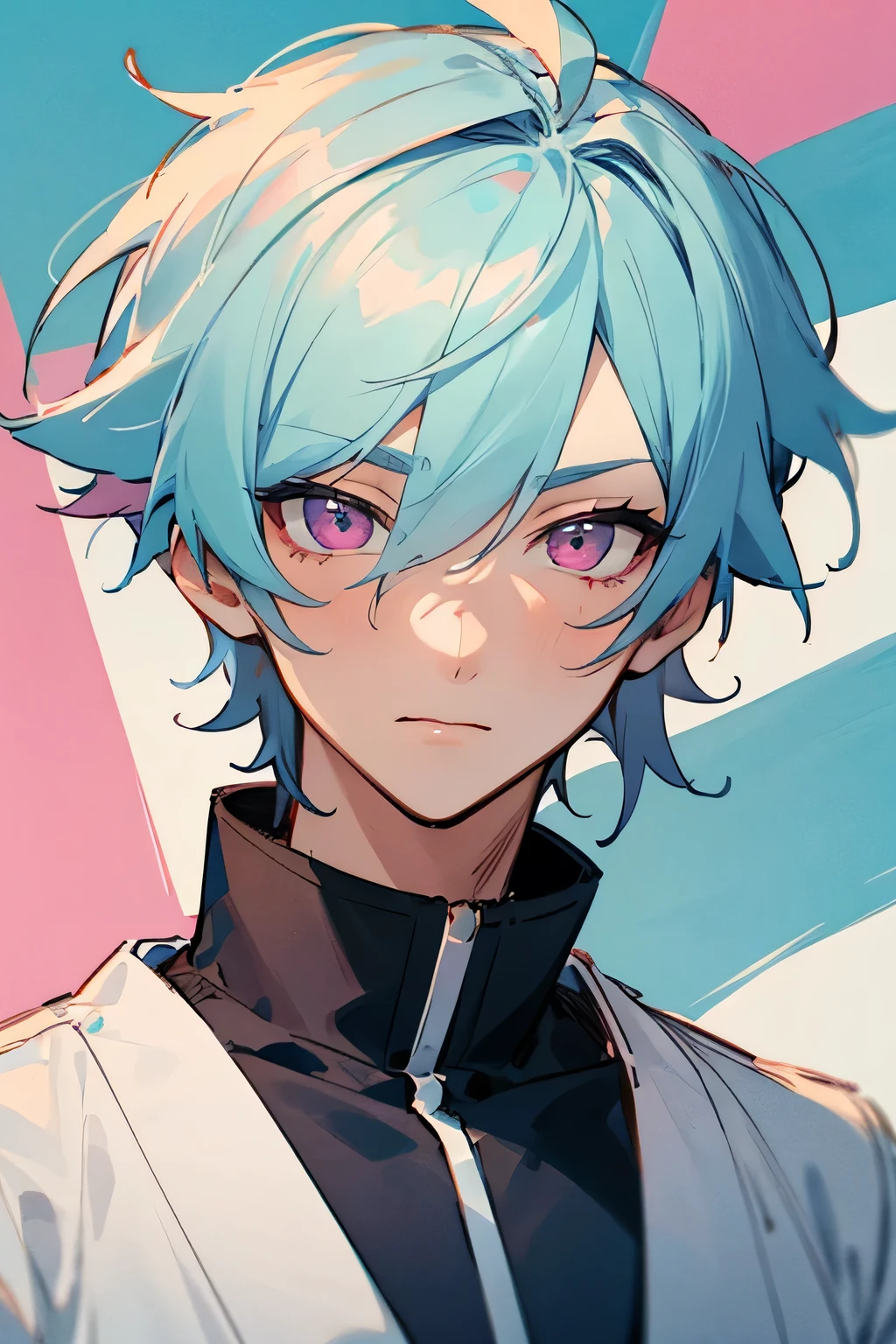 A cute guy male face in an anime drawing pastel blue hair and pink eyes