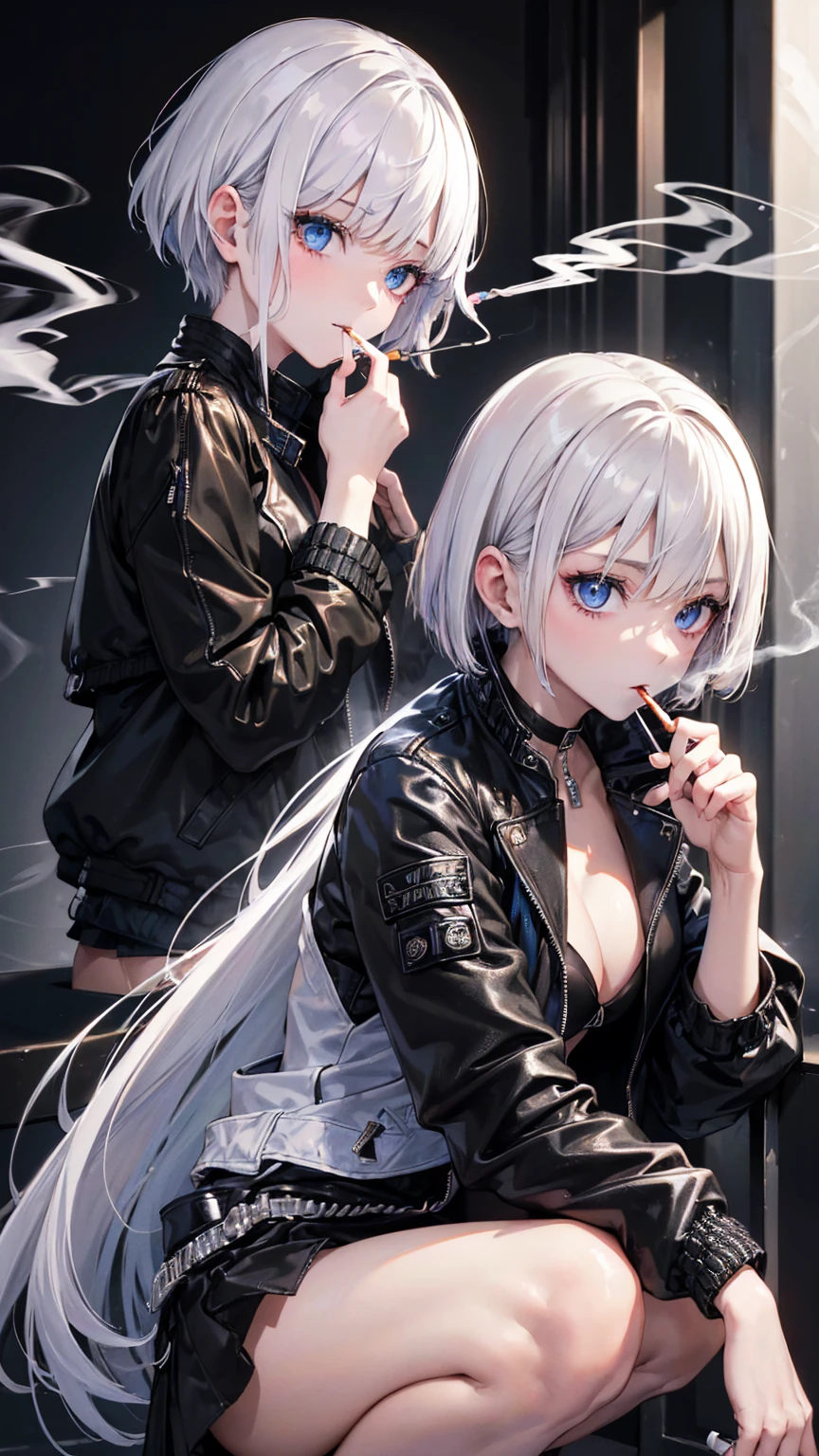 High resolution, Highest quality,  super high quality, Ultra-detailed,( Woman smoking cigarette:1.3)、 Bobcut、White Hair、Blue eyes、Crouching、(Black Riders Jacket:1.5)、Black Mini Skirt、Beautiful Skin、Beautiful Face、Beautiful Eyes