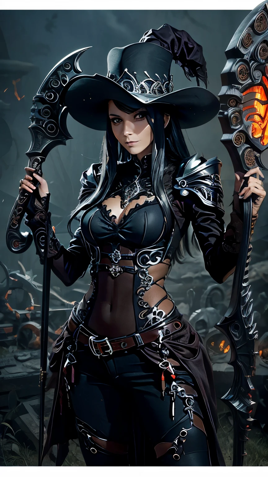 High resolution ultra detailed photography of a female necromancer with a bone scythe in her hand, female necromancer with clothes made of bones, female necromancer in a standing threatening pose looking towards the camera, photo background gloomy at night, The female necromancer's face is that of a Native American woman, face clearly detailed with red eyes