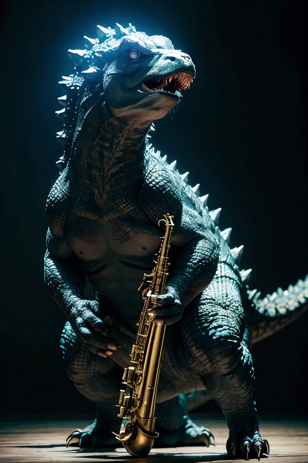 Godzilla playing saxophone
