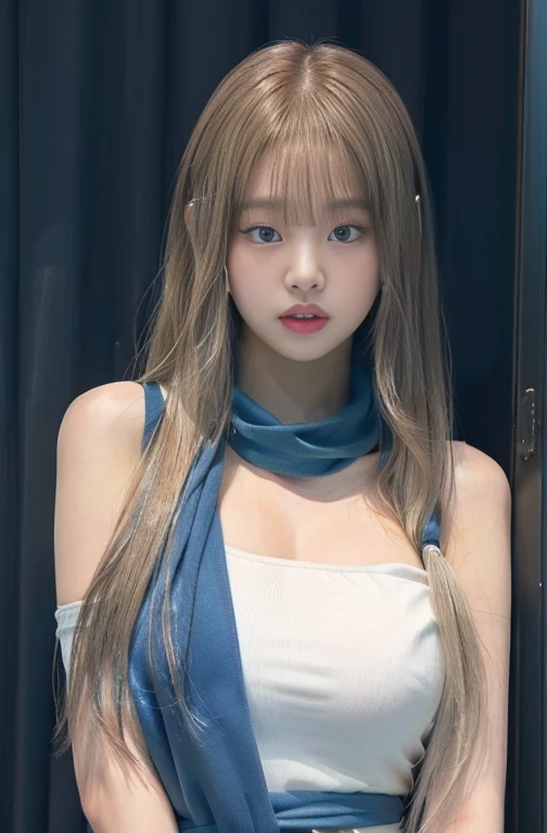 Blonde girl with blue scarf and white top posing for a photo with hazel eyes., roseanne park by blackpink, with long blonde hair, jossi de blackpink, with long white hair, lalisa manobal, heonhwa choe, jaeyeon nam, with long white hair, with long hair, kim taejin, Lalisa Manoban of Blackpink, Sakimichan, tanned skin, small shoulders with big breasts with a mini waist and big hips