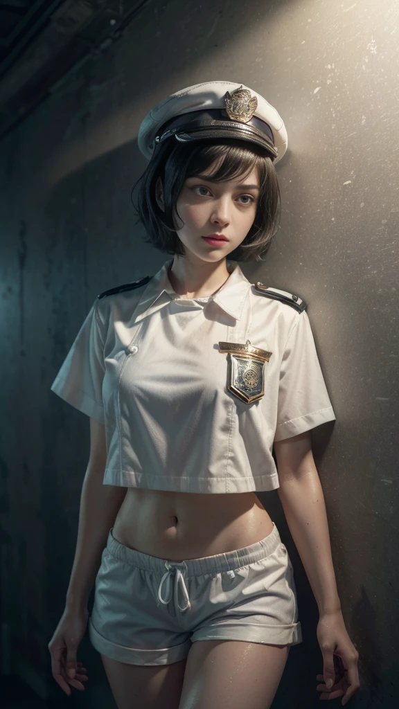 1 woman, 20 years old, alone, leaning against the wall, sad face, scared expression, (background: in rapture, bioshock), short hair, straight hair, bangs, perfect belly, naked, very big, (((masterpiece) , (highly detailed CG Unity 8k wallpaper), highest quality, cinematic lighting, detailed background (very stylish and beautiful), (beautiful and delicate rendering of eyes), highly detailed, masterpiece), high resolution, super detailed wet clothing, (wearing: white officer's shirt, decorations, white shorts, official cap)