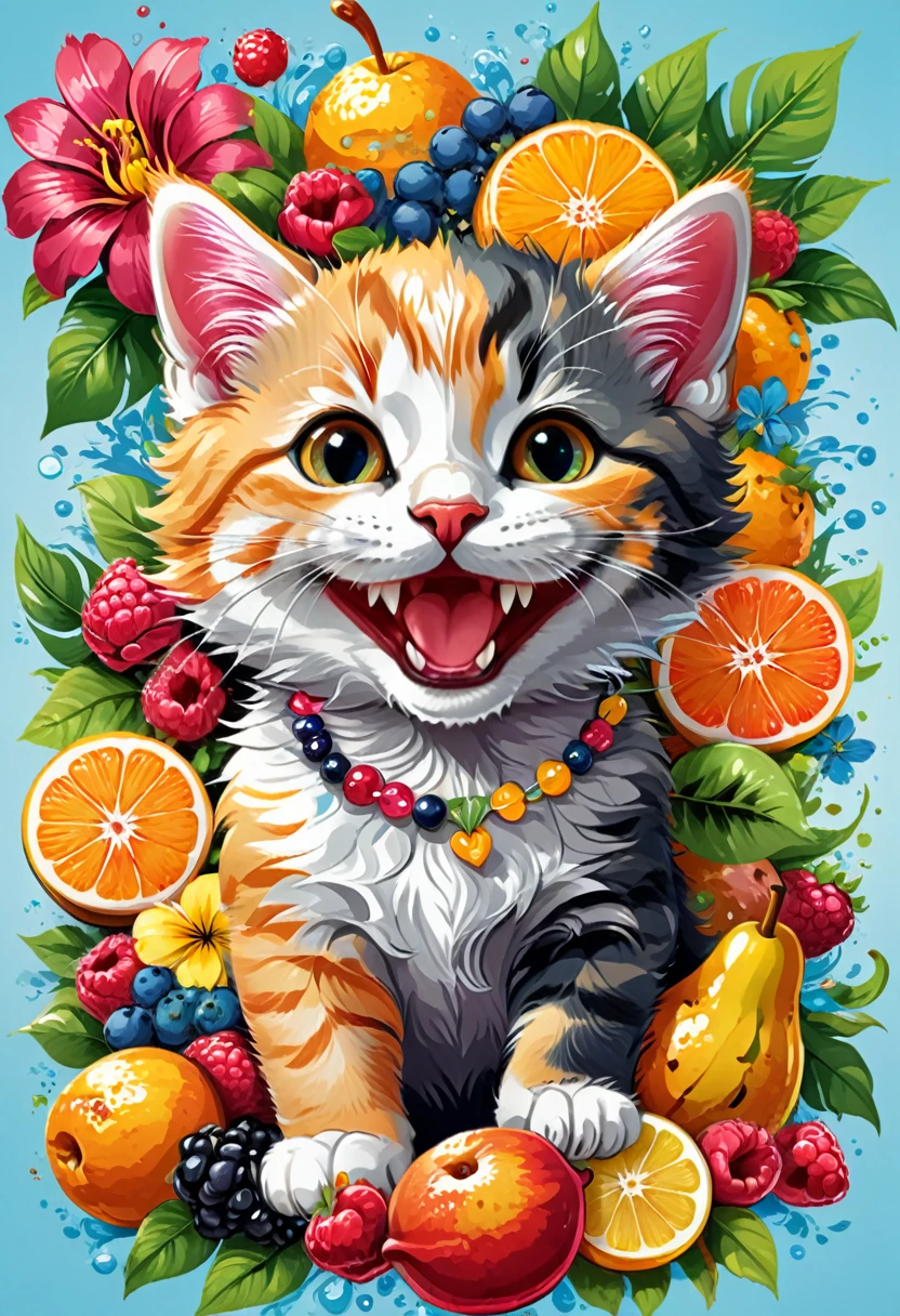 Vector art for t-shirt design, of a colorful illustration of a smiling kitten, in the center, vibrant colors, flower, fruits, high detail, Hawaii backdrop. Transparent background, t-shirt design.
(Art Work, UHD Quality, Realistic Quality, 32k Details, Professional, Perfect Composition, Very Aesthetic, Absurdity, Super Detailed, Intricate Details:1.3)