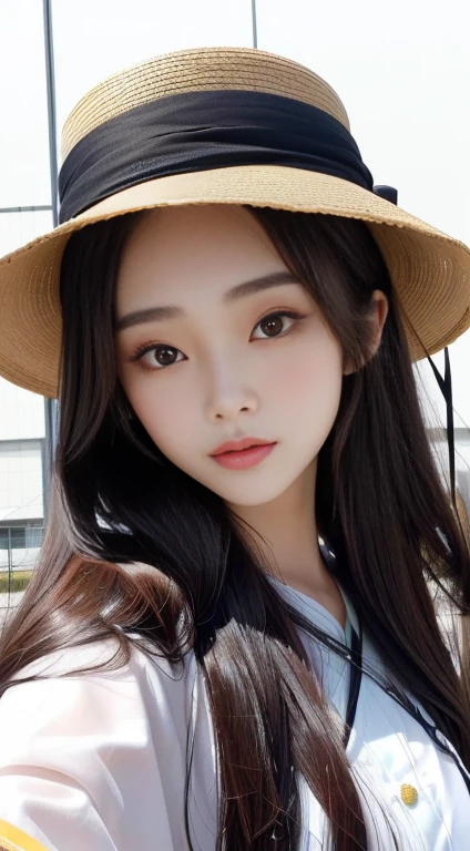 a closeup of a woman with long hair and a hat, Yoshitomo Nara, dilraba dilmurat, with a cute face - fine, chiho, chen xintong, Sha Xi, Xision Wu, motto hole, Marin Kitagawa, Beautiful face of Japanese girls, pretty-face-fine girl