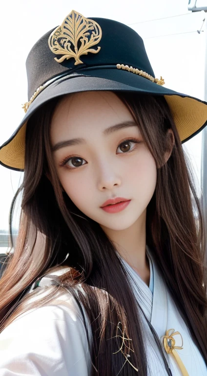 a closeup of a woman with long hair and a hat, Yoshitomo Nara, dilraba dilmurat, with a cute face - fine, chiho, chen xintong, Sha Xi, Xision Wu, motto hole, Marin Kitagawa, Beautiful face of Japanese girls, pretty-face-fine girl