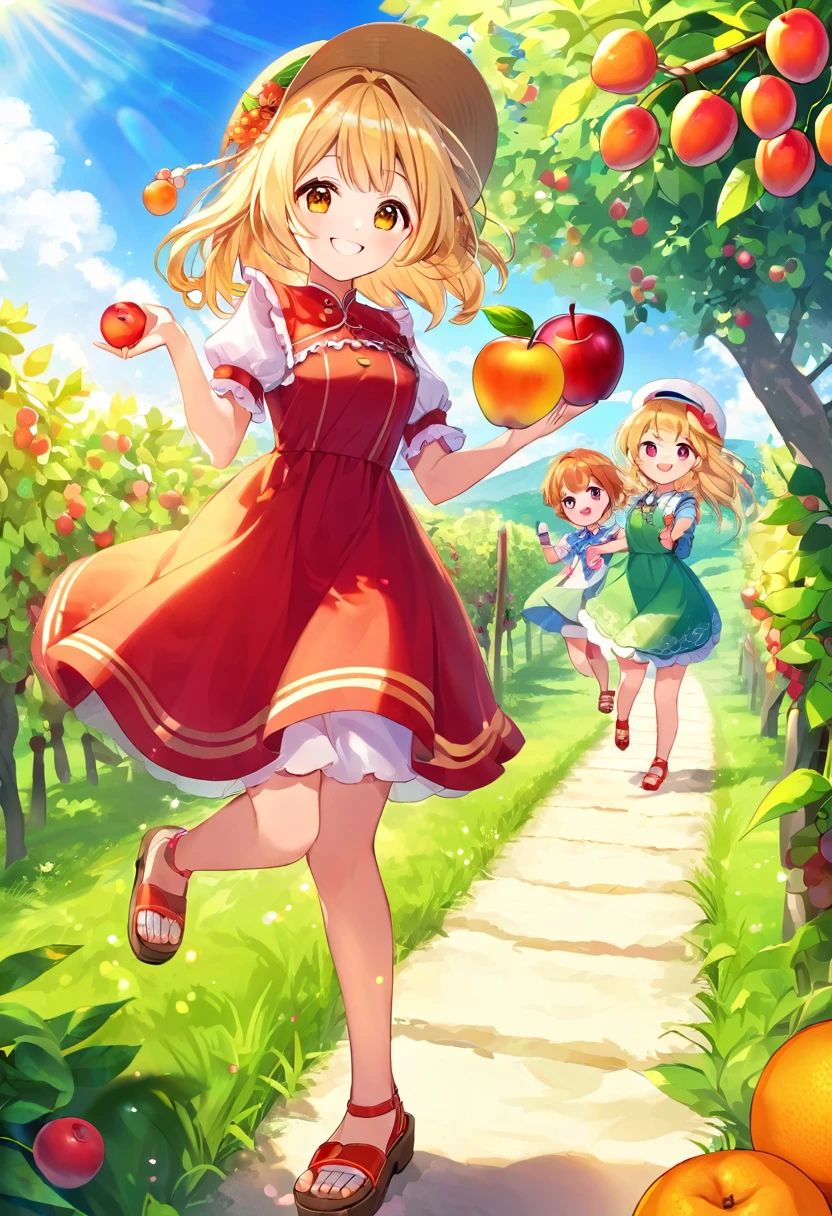 Highest quality、High resolution、Detailed Background、Beautiful face in every detail、Teenage beauty、Highly detailed face、
Light color hair、cute髪型、Fun atmosphere、A big smile、Apple、mandarin orange、peach、Grape、On top of a hill with a blue sky、wood々The sunlight shines through、I found some ripe red fruit.、Holding hands with friends、wood登りして高い枝から、甘い香りのGrapeを摘む、
A fun time filled with smiles、Summer memories: Fruit picking、Under the blue sky、Run around、Apple、mandarin orange、peachを集めた、I had a great time、A memorable summer day、
A flared dress made of lightweight material、Flat sandals、Caps and hats、The color is red, reminiscent of fruit.、yellow、orange、Green etc.、cute