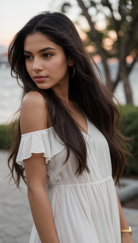 A photorealistic portrait of a 21-year-old colombian girl with long, flowing dark hair and striking dark eyes. She should have a natural, approachable expression and be illuminated by soft, golden-hour sunlight. The background should be a scenic outdoor setting, perhaps a sunlit park or beach. Capture this image with a high-resolution photograph using an 85mm lens for a flattering perspective.