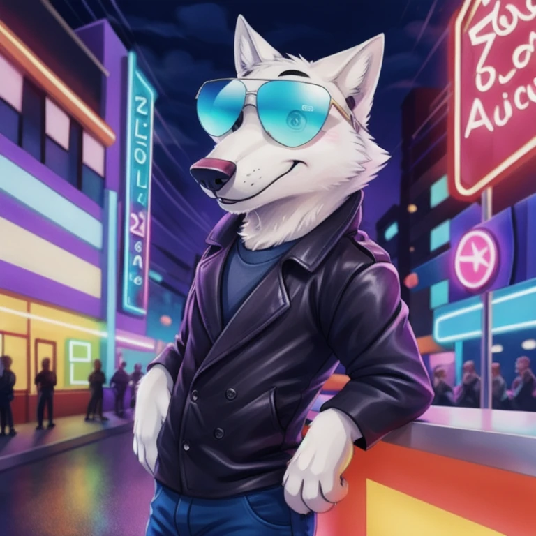 cute cartoon of a (gary \(zootopia\)) wearing a (leather jacket) and (sunglasses), solo, wolf, white fur, BREAK, background gay bar, neon lights, sexual depravity,