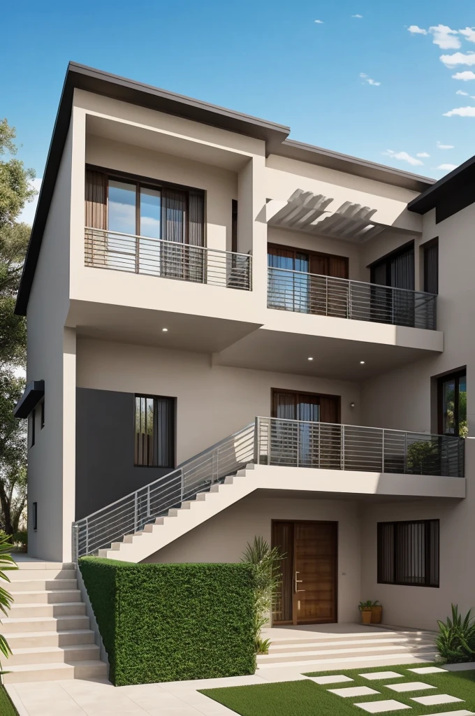 A two-story house with a balcony above the entire house, with access to the balcony with external steps