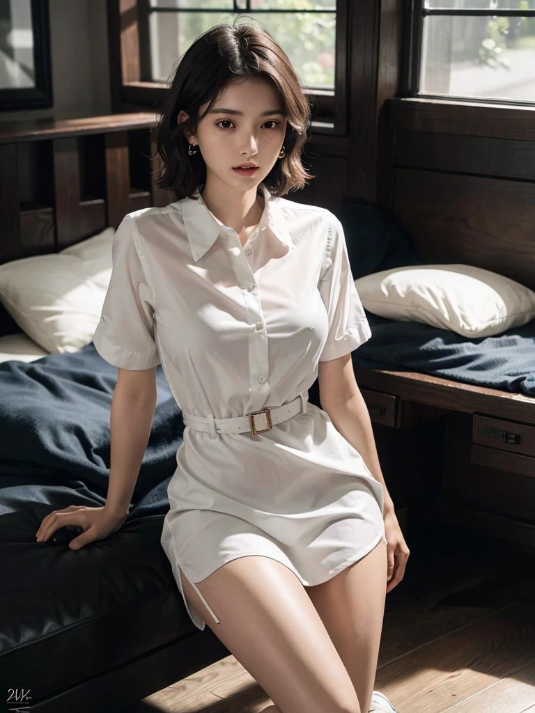 absurdres, RAW photo, extremely delicate and beautiful, masterpiece, Best Quality, ultra high resolution, 16k, hyperrealistic, ultra-detailed, perfect anatomy, perfect figure, super Detailed skin, Very detailed CG 8k wallpaper, in her 20s, very Slim body, narrow waist, very small head, very small face, delicate facial features, tearful mole, earring, thin legs, (very huge round breasts:1.2), (full body shot:1.3), (1 girls:1.3), short hair, (wavy hair:1.1), (collared shirt dress:1.3), open legs,