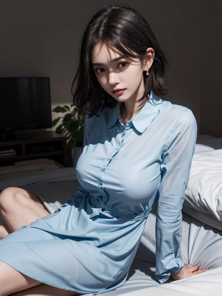 absurdres, RAW photo, extremely delicate and beautiful, masterpiece, Best Quality, ultra high resolution, 16k, hyperrealistic, ultra-detailed, perfect anatomy, perfect figure, super Detailed skin, Very detailed CG 8k wallpaper, in her 20s, very Slim body, narrow waist, very small head, very small face, delicate facial features, tearful mole, earring, thin legs, (very huge round breasts:1.2), (full body shot:1.3), (1 girls:1.3), short hair, (wavy hair:1.1), (collared shirt dress:1.3), open legs,