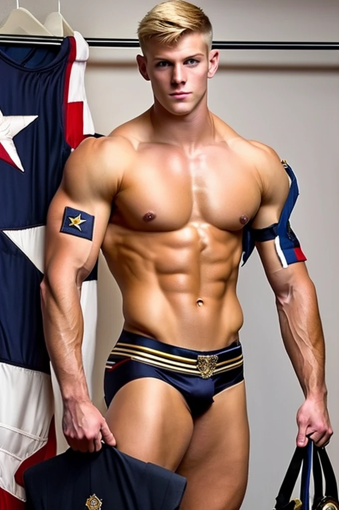 A handsome, muscular, naked blond 17-year-old looks at the Navy SEAL dress uniform with awards hanging on a suit hanger on the floor and masturbates. Big dick, erection, boner.