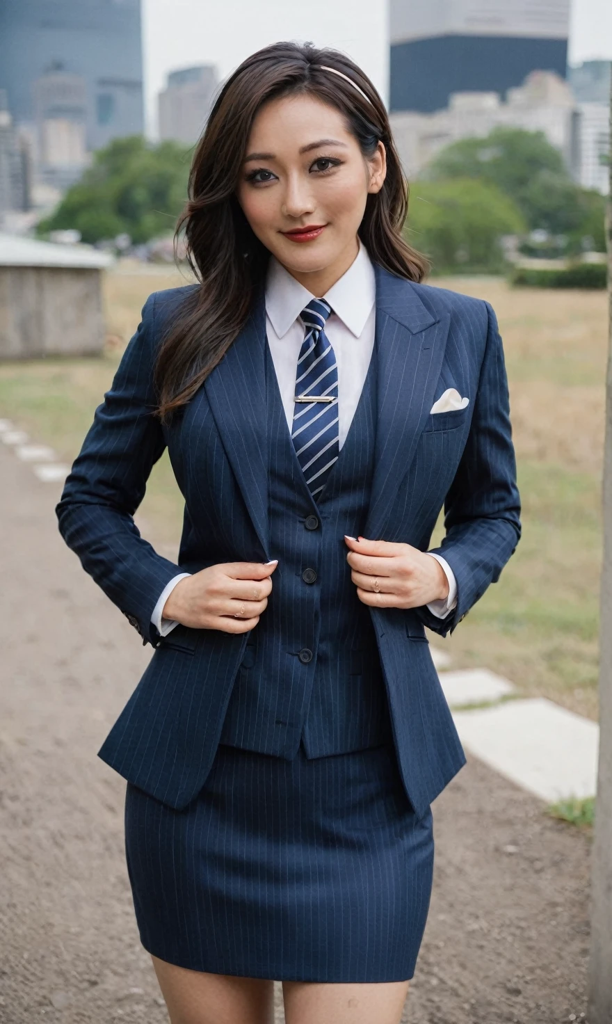 a beautiful picture of fukuharaXL ,woman,detailed skin texture,masterpiece, photorealistic, light, RAW color photo,(fully in frame:1.1), (blush:0.5), (goosebumps:0.5),(((navy pinstripe silk skirt suit))), (((three-piece suit))), (((light blue dress shirt with white collar))), (((necktie))), (((blazer))), (((suit jacket))), ((waistcoat)), double-breasted waistcoat, (((bodycon miniskirt))), pocket square, cufflinks, tie clip,detailed face,outdoors, (smile:0.5), film grain,cinematic lightning,fujifilm ,detailed eyes,camera, smile, office background, hair down, makeup, lipstick, mascara, eyeliner, eyeshadow, silky glossy hair, high heels, pinup pose