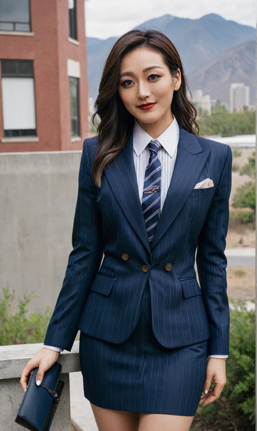 a beautiful picture of fukuharaXL ,woman,detailed skin texture,masterpiece, photorealistic, light, RAW color photo,(fully in frame:1.1), (blush:0.5), (goosebumps:0.5),(((navy pinstripe silk skirt suit))), (((three-piece suit))), (((light blue dress shirt with white collar))), (((necktie))), (((blazer))), (((suit jacket))), ((waistcoat)), double-breasted waistcoat, (((bodycon miniskirt))), pocket square, cufflinks, tie clip,detailed face,outdoors, (smile:0.5), film grain,cinematic lightning,fujifilm ,detailed eyes,camera, smile, office background, hair down, makeup, lipstick, mascara, eyeliner, eyeshadow, silky glossy hair, high heels, pinup pose