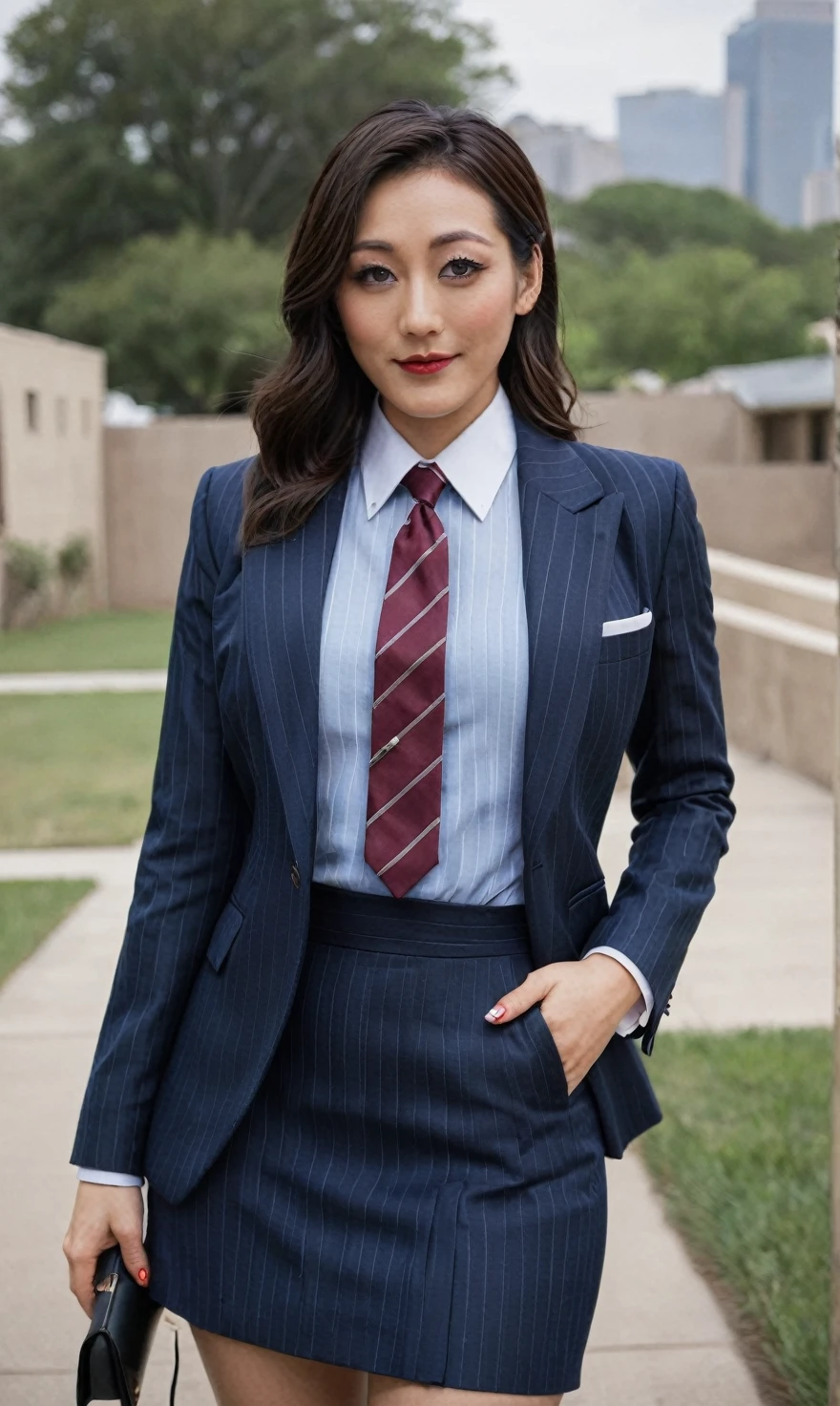 a beautiful picture of fukuharaXL ,woman,detailed skin texture,masterpiece, photorealistic, light, RAW color photo,(fully in frame:1.1), (blush:0.5), (goosebumps:0.5),(((navy pinstripe silk skirt suit))), (((three-piece suit))), (((light blue dress shirt with white collar))), (((necktie))), (((blazer))), (((suit jacket))), ((waistcoat)), double-breasted waistcoat, (((bodycon miniskirt))), pocket square, cufflinks, tie clip,detailed face,outdoors, (smile:0.5), film grain,cinematic lightning,fujifilm ,detailed eyes,camera, smile, office background, hair down, makeup, lipstick, mascara, eyeliner, eyeshadow, silky glossy hair, high heels, pinup pose