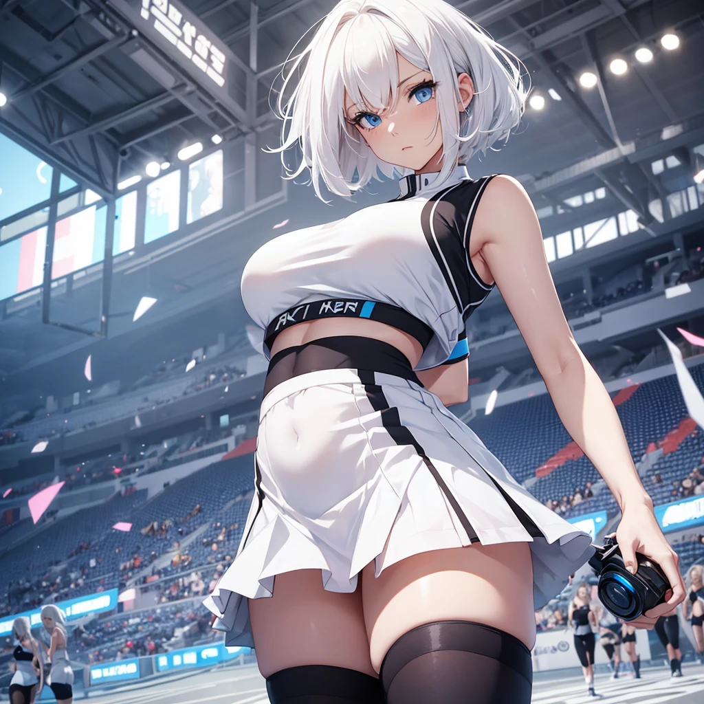 White hair, short skirt, looking at camera, sports bra, blue eyes