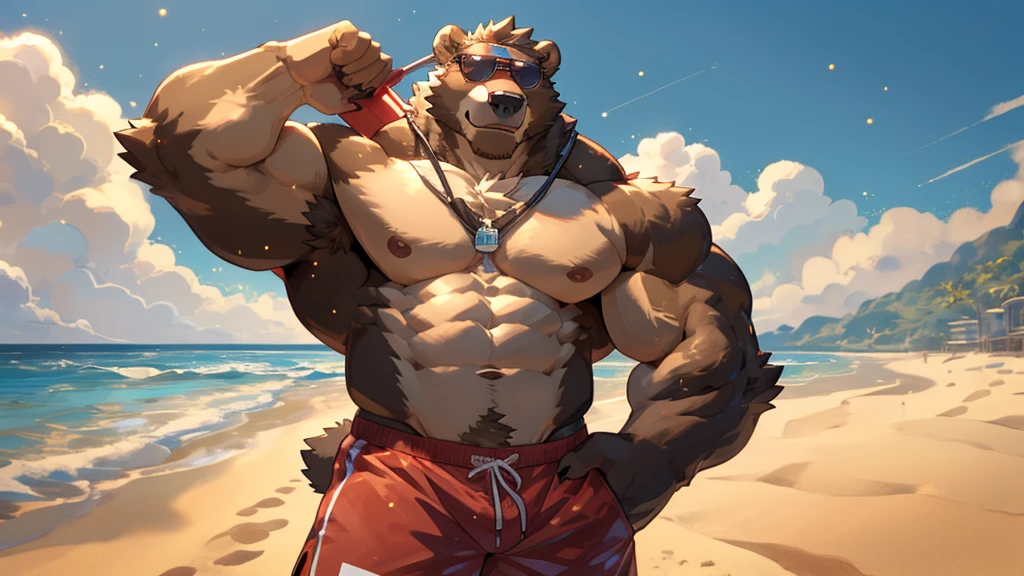 male, anthro, muscle, (kemono), (grizzly bear), brown fur, pumped body, red swim trunks, lifeguard, sunglasses, beach, half length portrait, by bara, detailed beach background, light particles, hi res, bara