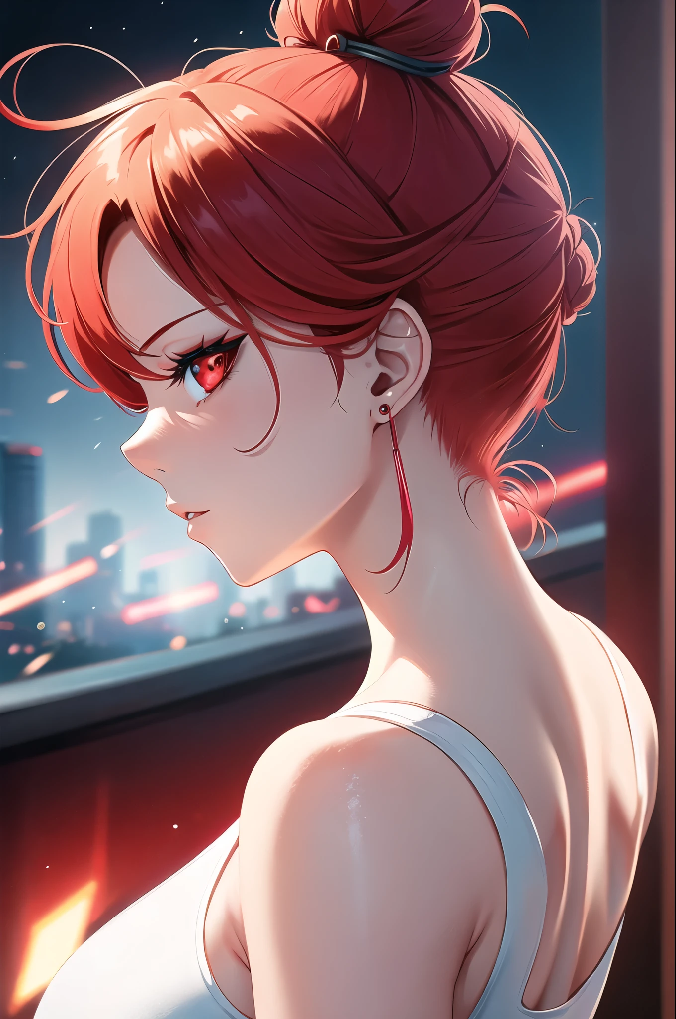 girl with ballerina buns red hair, red eyes, futuristic vibes, side profile view, earings, 8k, high quality, simple background, glowing eyes, nice pose