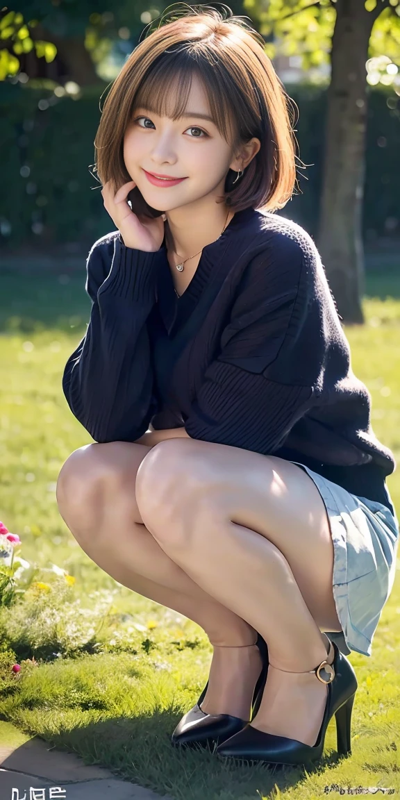 Highest quality, masterpiece, High resolution, original, One Girl, Light honey-colored straight hair with outward curls, The most beautiful 15 year old girl in the world, Young body shape, childish expression, Beautiful light brown eyes, Big double eyelid eyes, Glossy Lips, Round face, eyeliner, , Please tilt your head a little, shirt, button３out of place, Peeking into the chest, The chest is exposed, Small breasts, Small breasts, In an empty park, Cute light blue mini skirt, You can see her white panties, A glimpse of white panties, Squatting in pumps, Snow-white skin, Glowing Skin and Bright Cheeks, Small breasts, A shy smile, Beautiful thighs, Low Angle, Accentuate your thighs, Thighs become dew, 