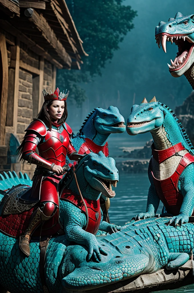Setting set in medieval times.
Three adult queens in red armor, blue and turquoise respectively, mounted on crocodiles with red-eyed mounts on their backs.