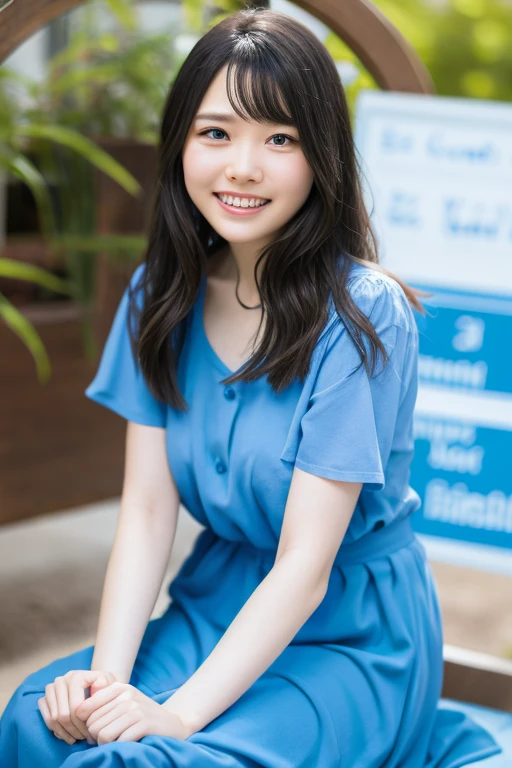 Grinning, blue background, dainty